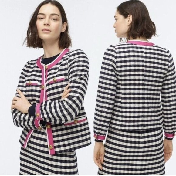 NWT J.Crew Grosgrain-trim Lady Jacket in Navy Ivory Check Gingham Tweed 8 - Picture 3 of 7